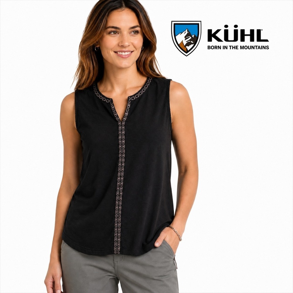Kuhl Womens Black Sleeveless Tank Top Embroidered Trim Split Neck Small